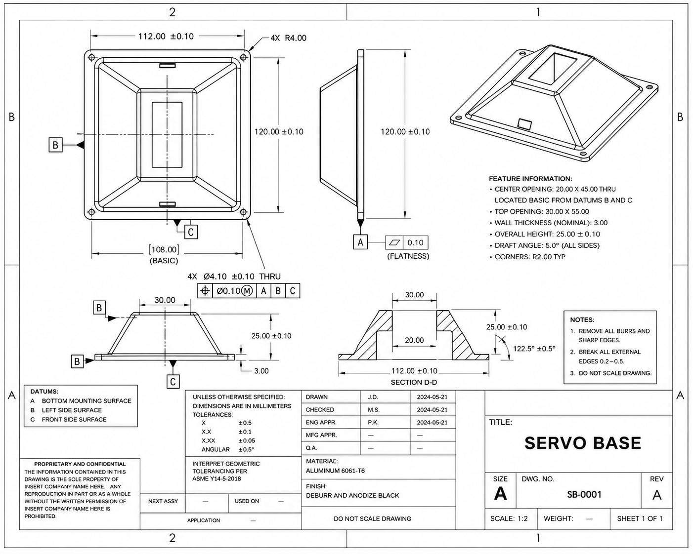 Servo base chassis manufacturing drawing with GD&T